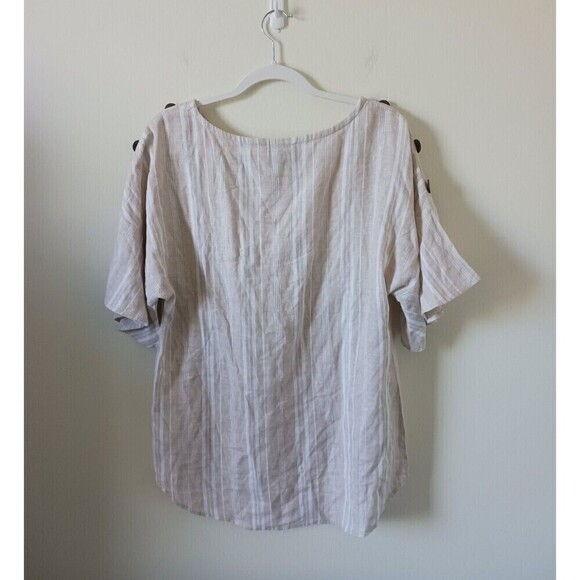 Ellen Tracy Linen Top Short Flare Sleeve Striped Beige White Size M - Picture 2 of 6